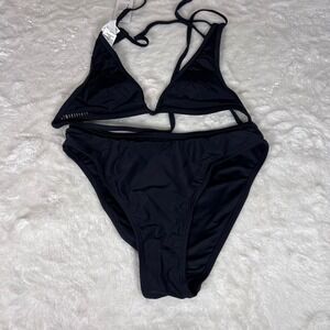 Cupshe Women's Black Triangle Bikini Set High Waisted Ladder Trim Size Small NWT